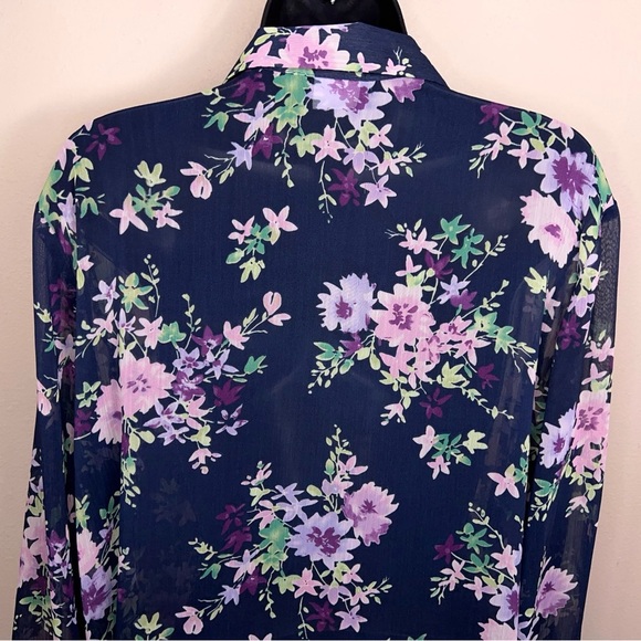 Vintage Large Haband Blue Purple Floral Semi Sheer Blouse Button Front 90s - Picture 6 of 12